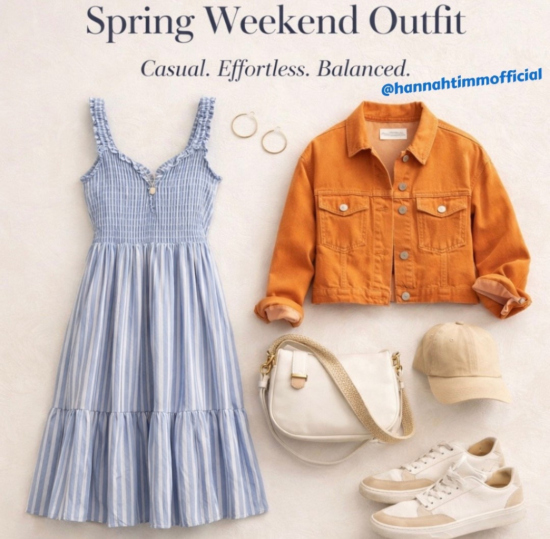 Spring dressing, simplified.
A soft striped dress with just enough structure, layered with a warm-toned jacket that pulls everything together. Easy sneakers, a neutral bag, and a hat you’ll actually wear on repeat.

This is the kind of outfit that works for slow mornings, coffee runs, and whatever the day turns into.

Shop everything linked ✨