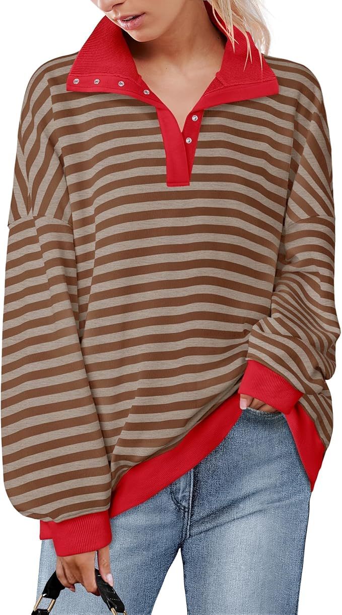 ZESICA Sweatshirts for Womens Long Sleeve Lapel V Neck Striped Oversized Tops | Amazon (US)