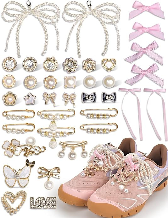 yuboo Shoe Charms for Sneakers - 39pcs Junk Socks Charms Kit Contain Brooches/Pink Bows/Clips/Jew... | Amazon (US)