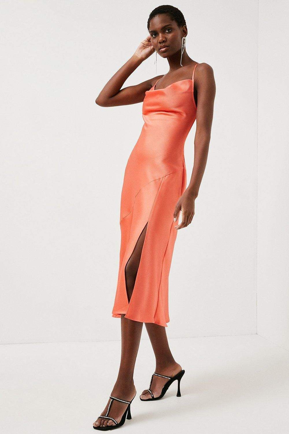 Hammered Satin Cowl Neck Woven Slip Dress | Karen Millen UK & IE