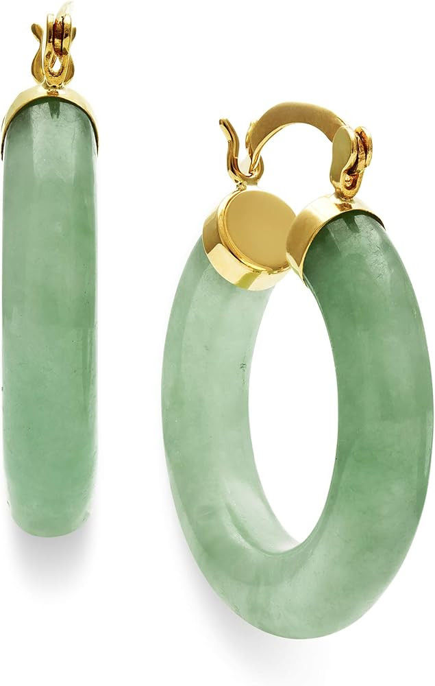 Belacqua Natural Green Jade Hoop Earrings in 10K Yellow Gold, Hinge and Notched Post, 1'' Diamete... | Amazon (US)