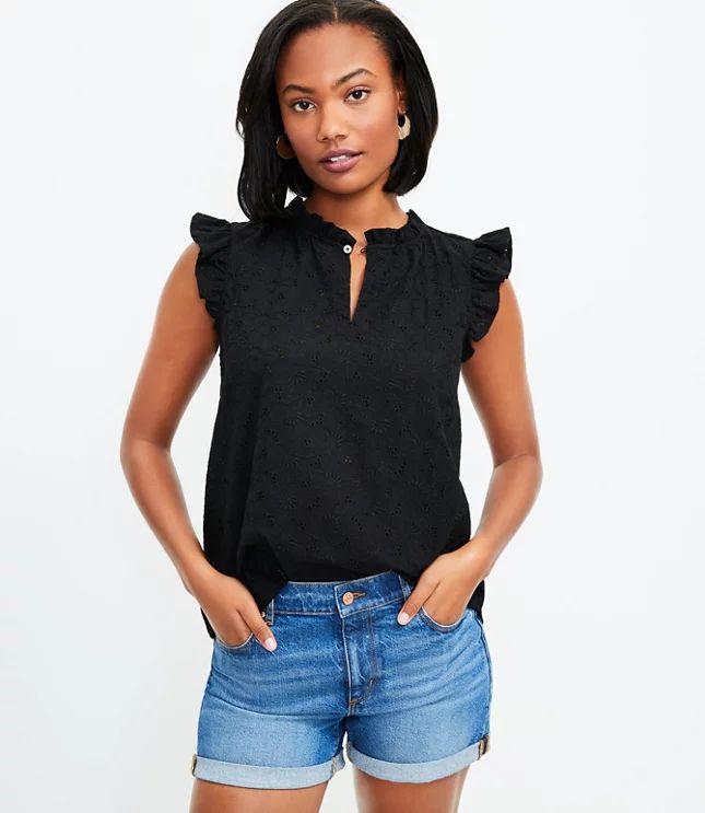 Eyelet Ruffle Split Neck Shell | LOFT