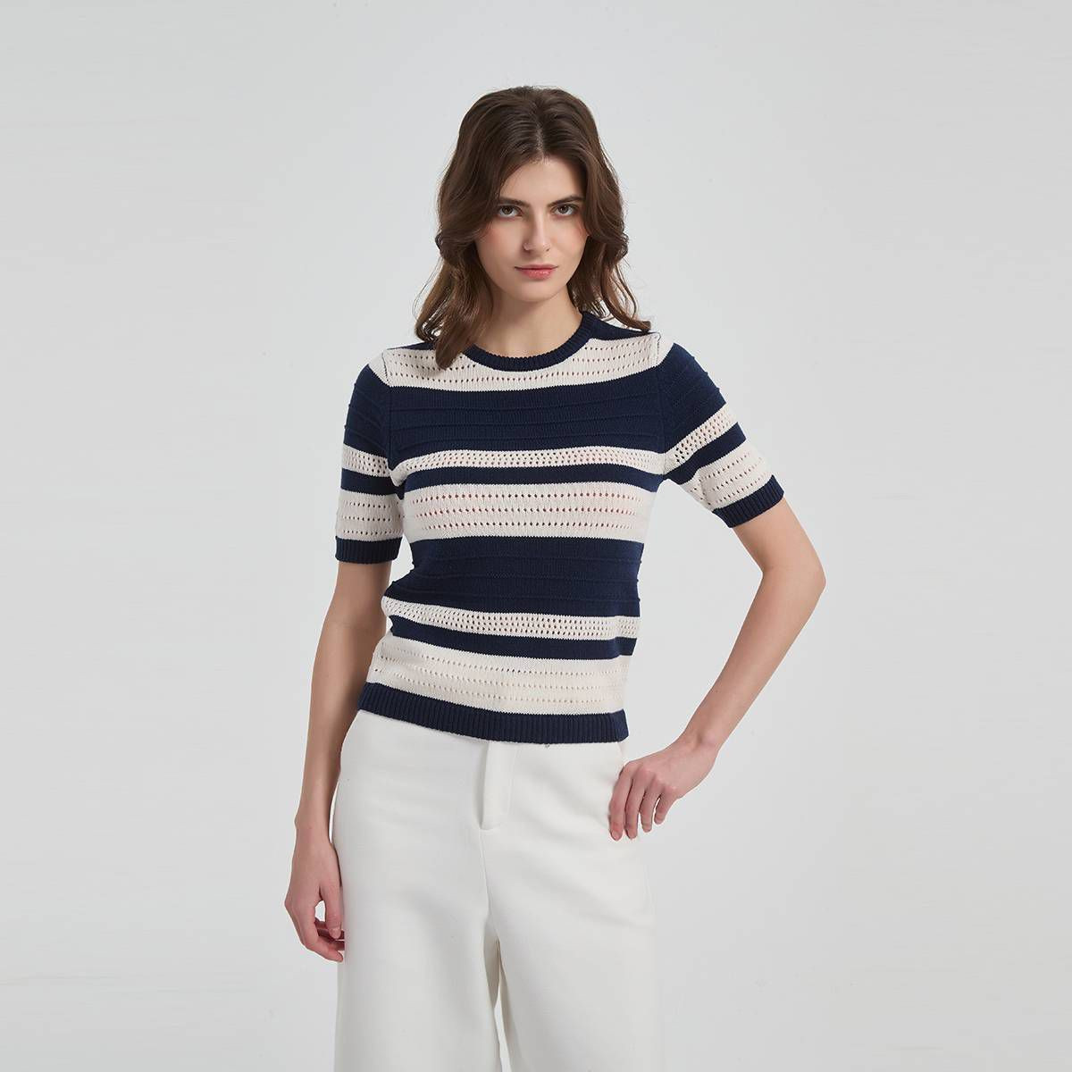 Women's Short Sleeve Pointelle Crewneck Sweater - A New Day™ Navy Blue Striped XXL | Target