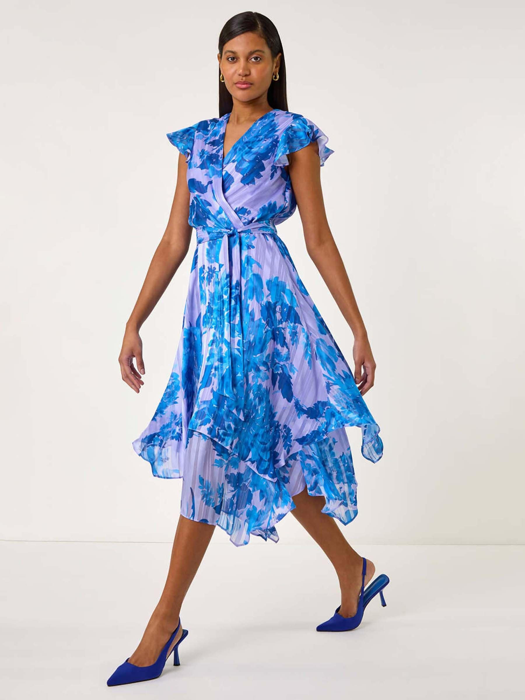 Roman Roman Blue Floral Frill Midi Wrap Dress | Next US