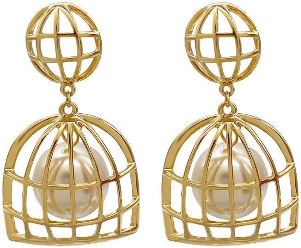 Anmpab Cute Pearl Birdcage Stud Earrings for Women Geometric Statment Hollow Cage Pearl Drop Dang... | Amazon (US)