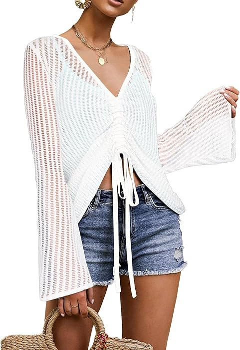 Bellcoco Women's Crochet Cover Ups V Neck Bell Long Sleeve Tie Front Drawstring Ruched Shirt Summ... | Amazon (CA)