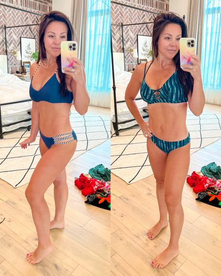 Blue bikini swimsuits that continue to be my favorite go-to’s. Love the stripe detail and the patterned top is full coverage and not going anywhere! Great for mommin’

Wearing size medium in both. Tts 
Amazon finds 
Amazon fashion 

#LTKswim #LTKunder50