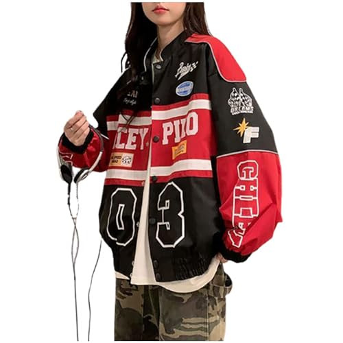 Varsity Jacket for Women Patchwork Long Sleeve Racing Bomber Letterman Jackets Color Block Y2k Vintage Streetwear (Red,L) | Amazon (US)
