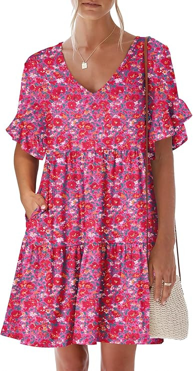 ANRABESS Dresses for Women Summer 2026 V Neck Ruffle Sleeve A Line Tiered Flowy Casual Trendy Min... | Amazon (US)