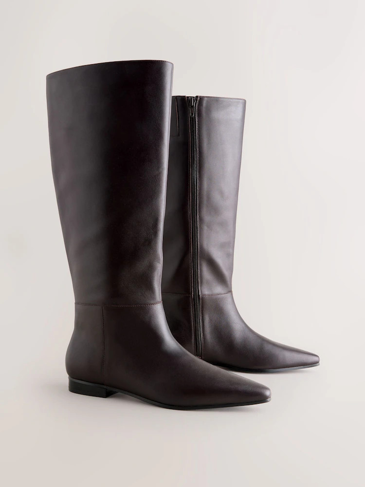 Buy Chocolate Brown Leather Forever Comfort® Flat Chisel Toe Knee High Boots from Next USA | Next US