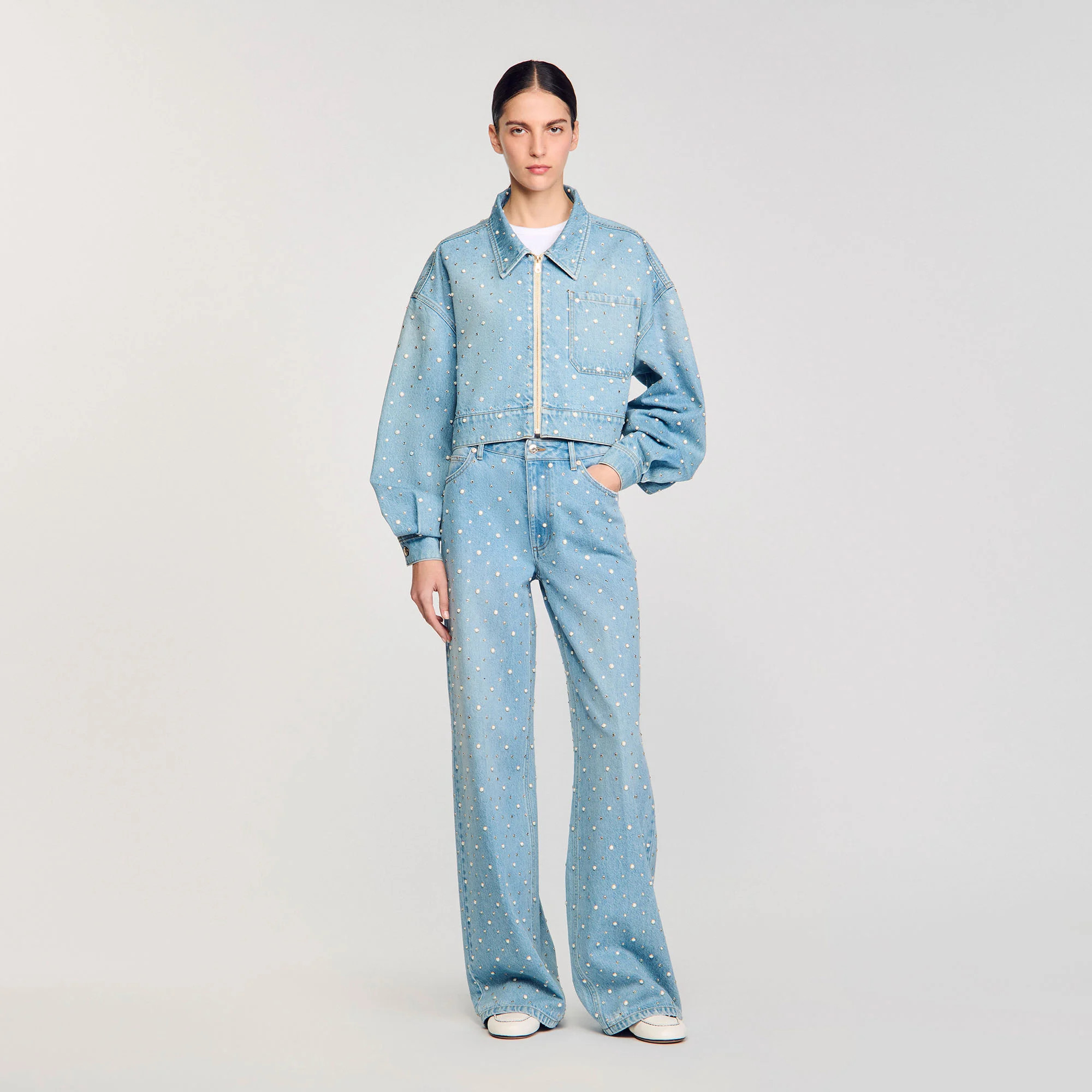 Beaded and rhinestone denim jacket | Sandro US | Sandro-Paris US
