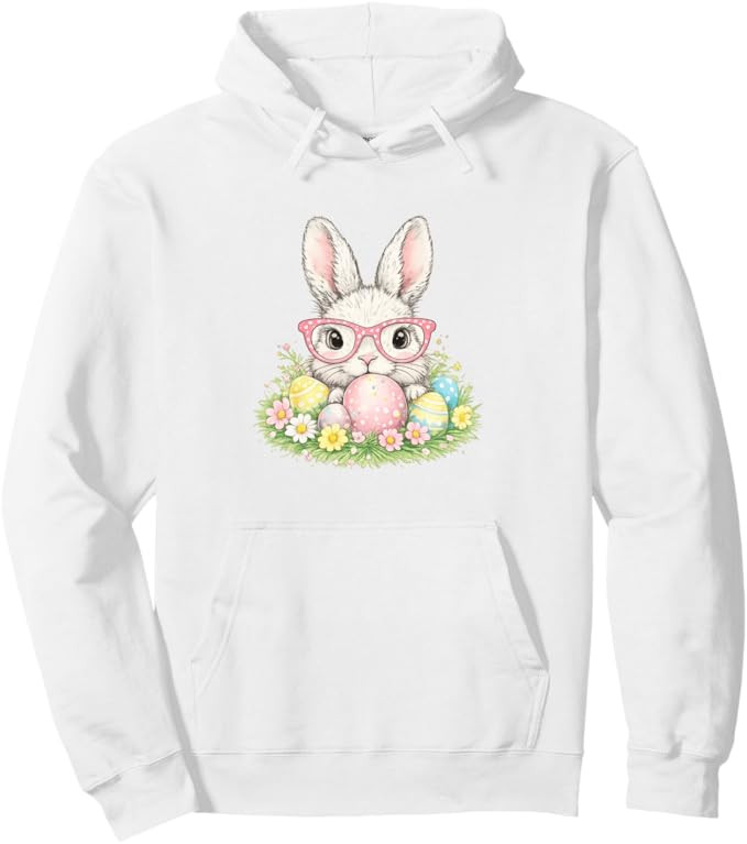 Cute Easter Bunny Glasses Spring Rabbit Pattern Pullover Hoodie | Amazon (US)