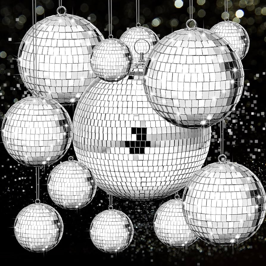 Beeveer 12 Pcs Mirror Disco Ball Ornaments for Party Decors, 8/5/3/2 Inch | Amazon (US)