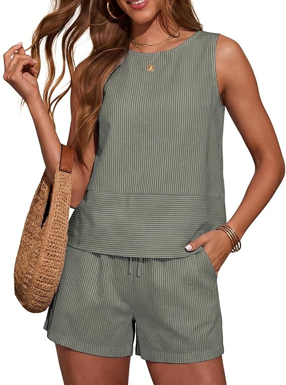 LOMON Women's Trendy 2 Piece Outfits Shorts Sets Summer Crew Neck Sleeveless Tank Top and Bottom ... | Amazon (US)