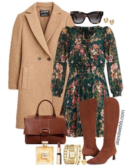 Plus Size Fall Work Dress Outfit - A plus size green floral dress for fall. Add some knee high wide calf boots, and overcoat, and a top handle handbag for the office by Alexa Webb #plussize 

#LTKworkwear #LTKplussize #LTKstyletip