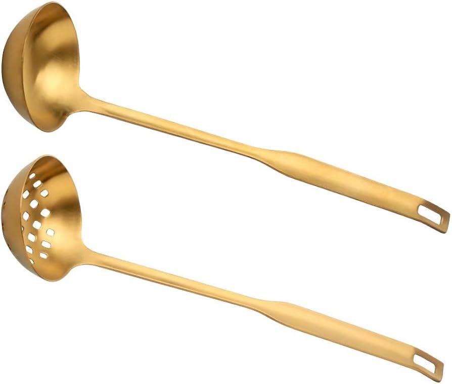 2 Pieces Gold Metal Soup Ladle Colander Set, Long Handle Stainless Steel Kitchenware Cookware Ser... | Amazon (US)