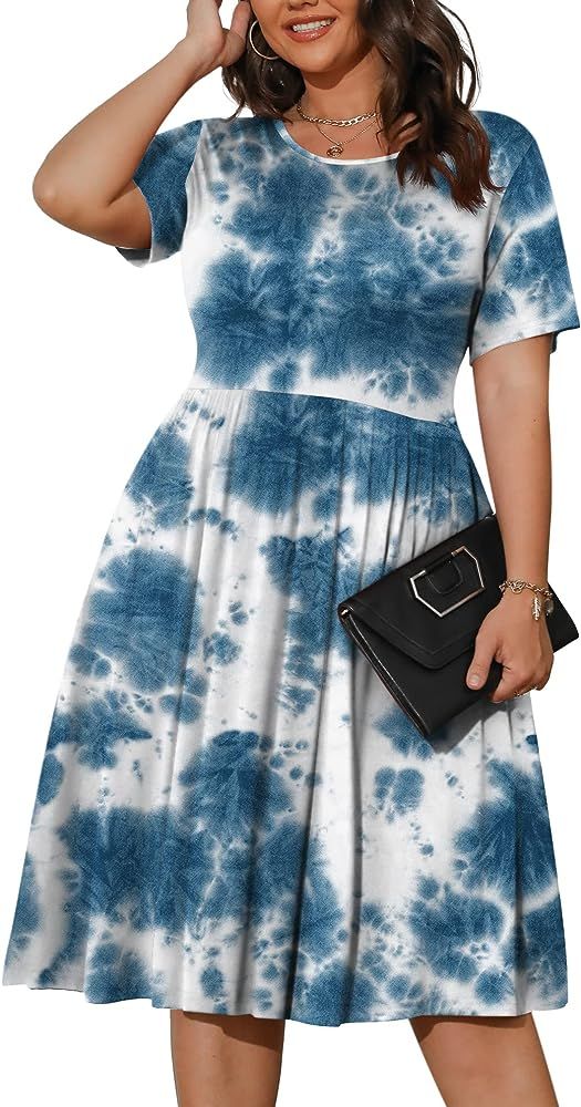 POSESHE Womens Plus Size Summer Dress 2024 Casual Short Sleeve Empire Waist Loose Fit Swing T-Shi... | Amazon (US)