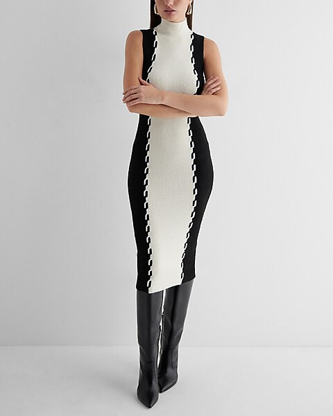 Cable Knit Color Block Mock Neck Midi Sweater Dress | Express