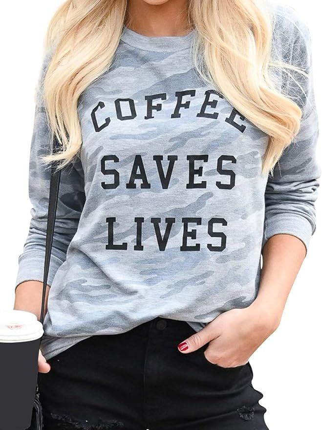 OUNAR Womens Coffee Camo Sweatshirt Funny Mom Graphic Shirt Saying Tee | Amazon (US)