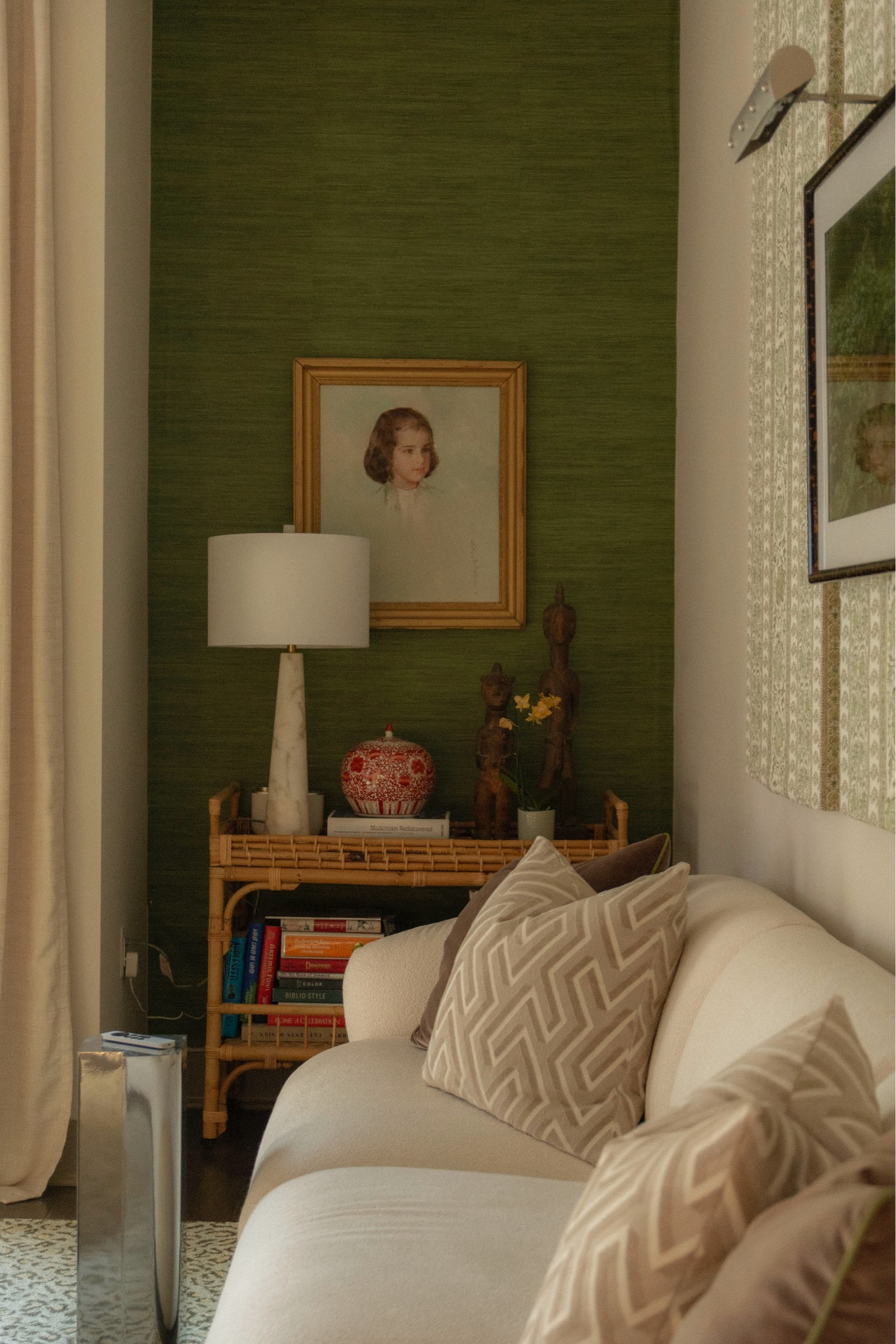 Living room nook with green grasscloth removable wallpaper, rattan wicker bar cart, marble table lamp, and cream bouclé sofa. Classic living room design, classic home decor, interior design tips, apartment style, small space style.

#LTKStyleTip #LTKHome