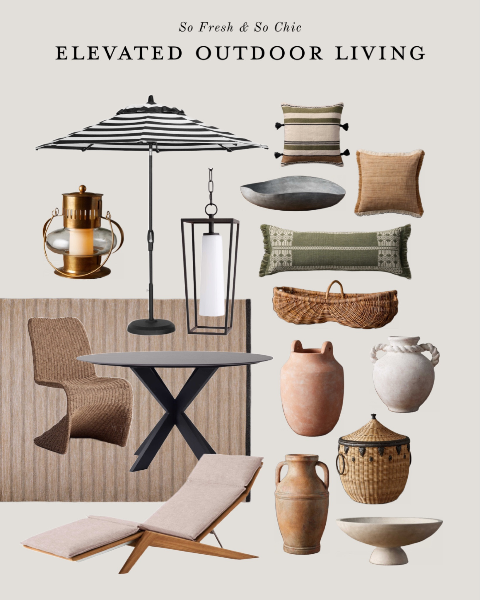 Elevated outdoor living and outdoor decor.
-
Outdoor chaise - outdoor dining chair - outdoor dining table - patio furniture - outdoor vases - urn vase - dining table decor - outdoor throw pillows - patio umbrella striped - outdoor lanterns - outdoor lighting - outdoor rug - neutral outdoor decor - outdoor planters - cross base patio dining table - expensive outdoor decor - Arhaus 

#LTKSeasonal #LTKhome