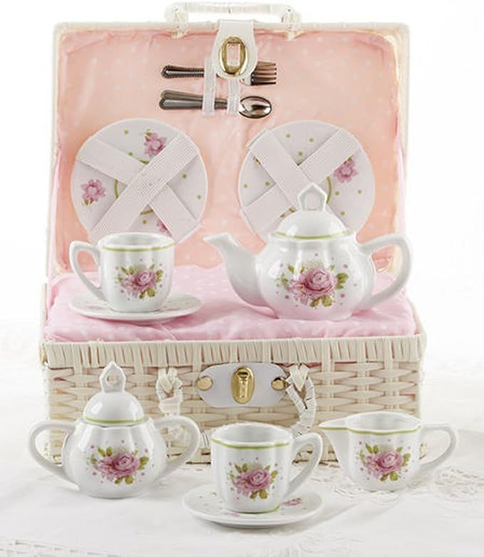 Delton Products Pink Rose Pattern Porcelain Child Tea for 2 Tea Set/Basket | Amazon (US)