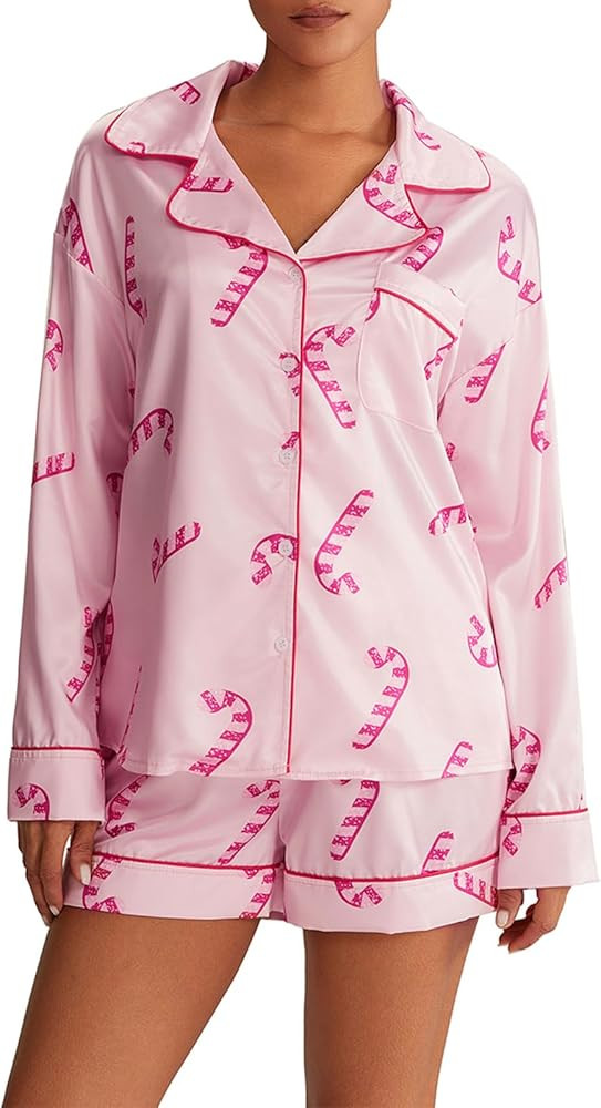 Women Christmas Candy Cane Pajamas Set 2 Piece Silk Satin Graphic Shorts Lounge Set Long Sleeve S... | Amazon (US)