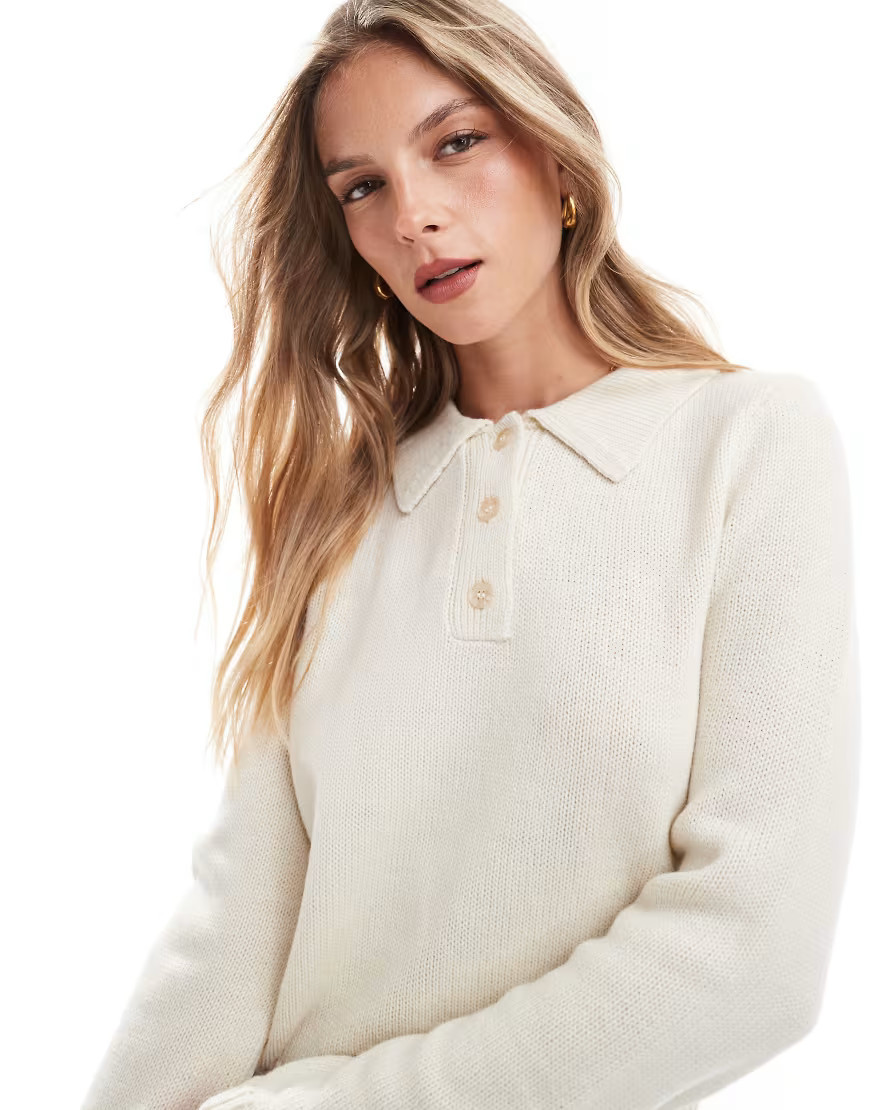 ASOS DESIGN knitted polo top with notch collar in ecru-White | ASOS (Global)