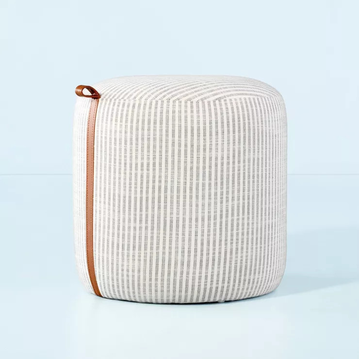 Round Fabric Ottoman with Faux Leather Trim - Cream/Gray Stripes - Hearth & Hand™ with Magnolia | Target