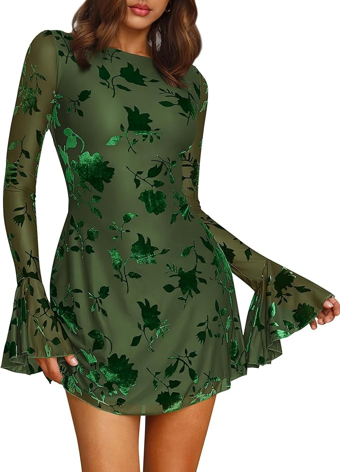 BTFBM Women Floral Wedding Guest Dress Fall 2025 Casual Long Sleeve Crew Neck Flowy Party Cocktai... | Amazon (US)