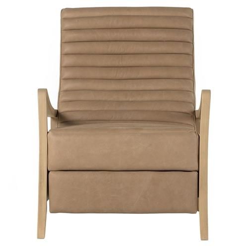 Amani Mid Century Nude Beige Leather Wood Frame Recliner Chair | Kathy Kuo Home