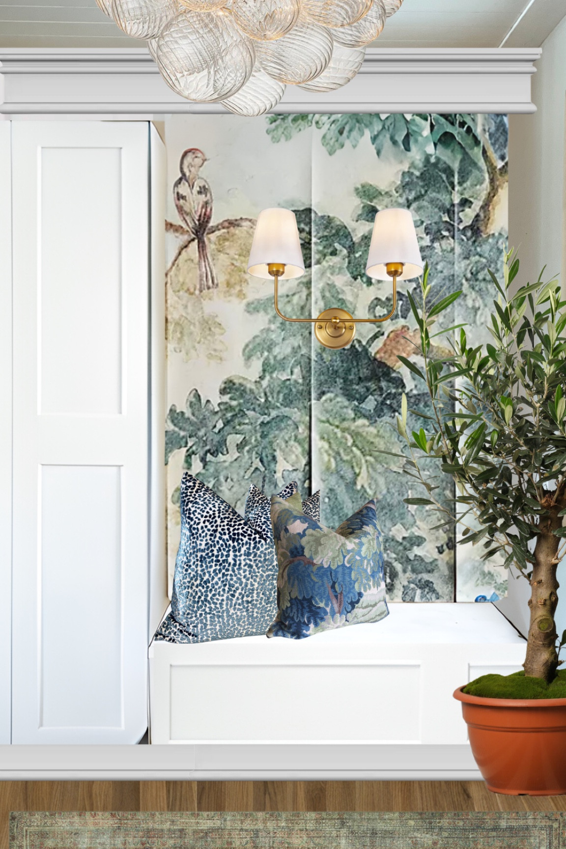 One room challenge foyer vision.

Mural, wallpaper, lights, bubble light, bubble chandelier, gold sconces, throw pillows.


#LTKhome