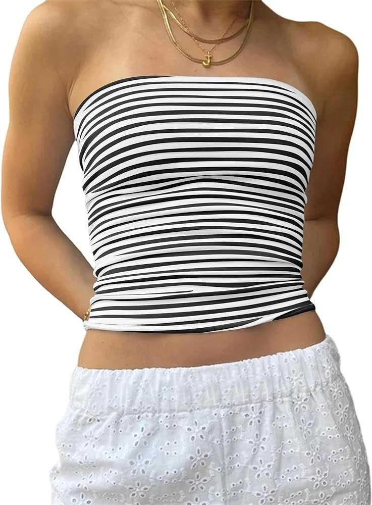 Cioatin Women Strapless Striped Bandeau Tube Tops Y2K Aesthetic Sleeveless Backless Crop Tank Goi... | Amazon (US)