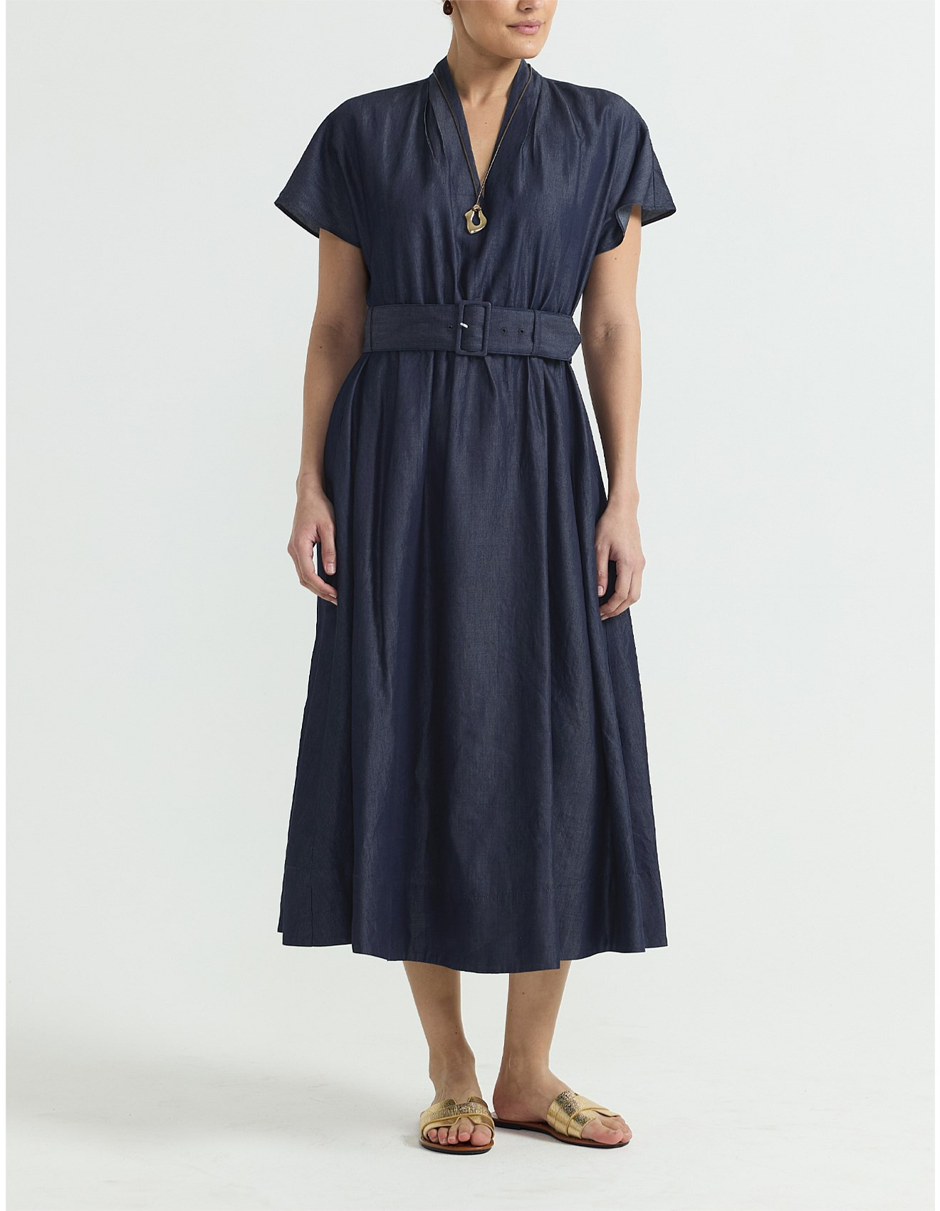 DRAPED V NECK DENIM DRESS | David Jones (Australia & New Zealand)