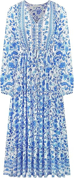 R.Vivimos Women's Long Sleeve Cotton V-Neck Button Up Floral Print Boho Flowy Midi Dresses | Amazon (CA)