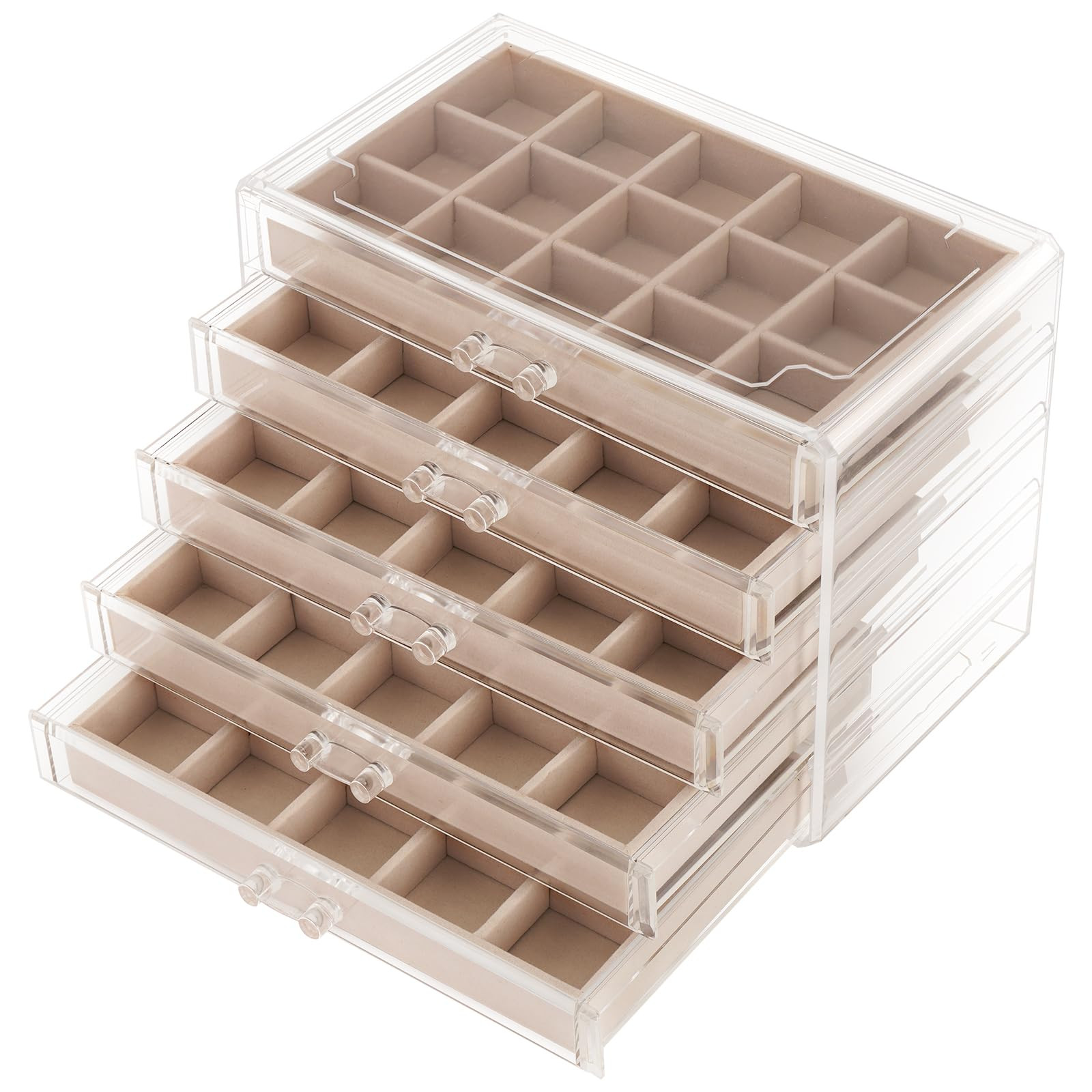 Jewelry Box Organizer，Acrylic Storage Organizer with 5 Drawers Adjustable Velvet Trays grid siz... | Amazon (US)