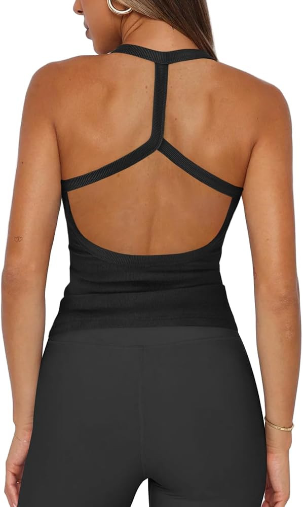 Halter Workout Tops for Women Racerback Ribbed Fitted Tank Tops Scoop Neck Split-Back Shirts for ... | Amazon (US)