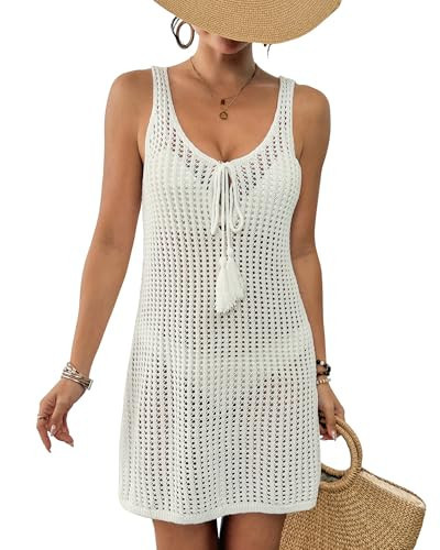 Bsubseach Women Swimsuit Cover Up Crochet Hollow Out Backless Beach Sleeveless Swimwear Knit 2026 Bikini Cover Ups Dresse White | Amazon (US)