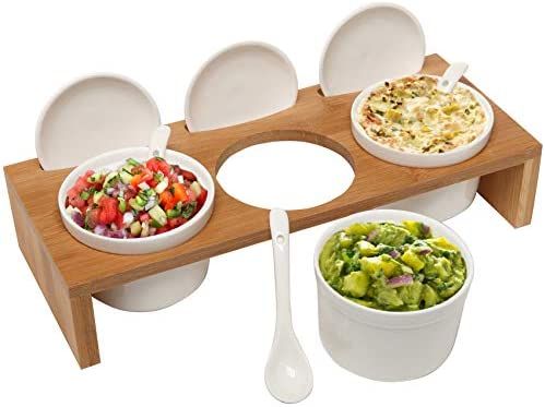 MyGift Wooden Condiment Set, Ceramic Dip Bowls, Sauce Ramekins 3 Piece Set with Lids and Spoons o... | Amazon (US)