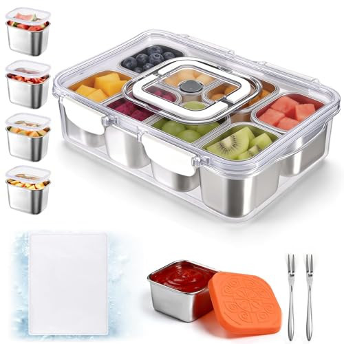 Qtencas Snackle Box Container with 8 Portable Removable Compartments, Ice Pack, Sauce Cup & Fork, Stainless Steel Divided Serving Tray with Lid and Handle for Road Trips Beach Camping | Amazon (US)