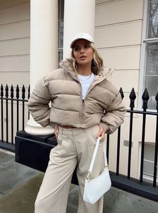 Georgia Cropped Puffer Jacket Beige | Princess Polly US