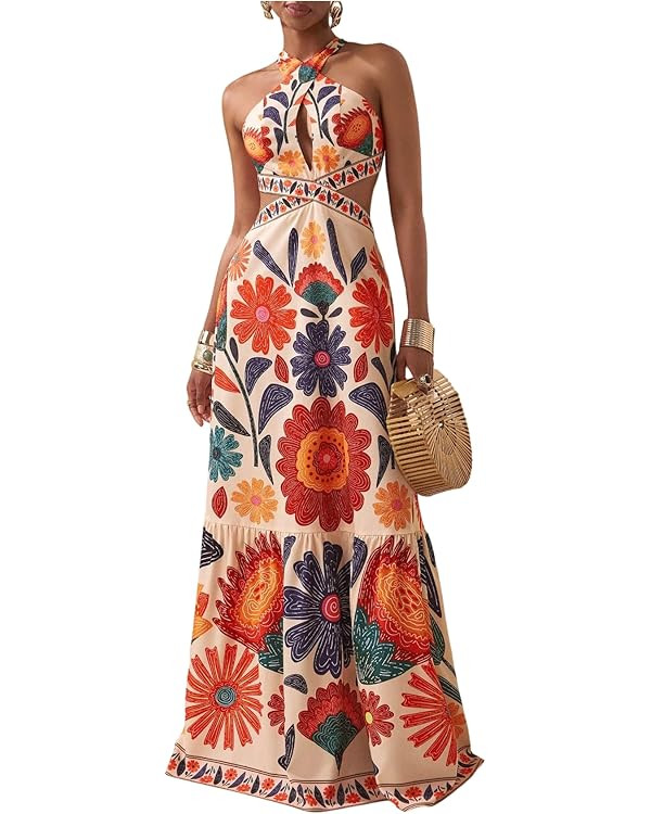 Floerns Women's Summer Floral Maxi Dress Cut Out Halter Backless Boho Beach Vacation Dresses | Amazon (US)
