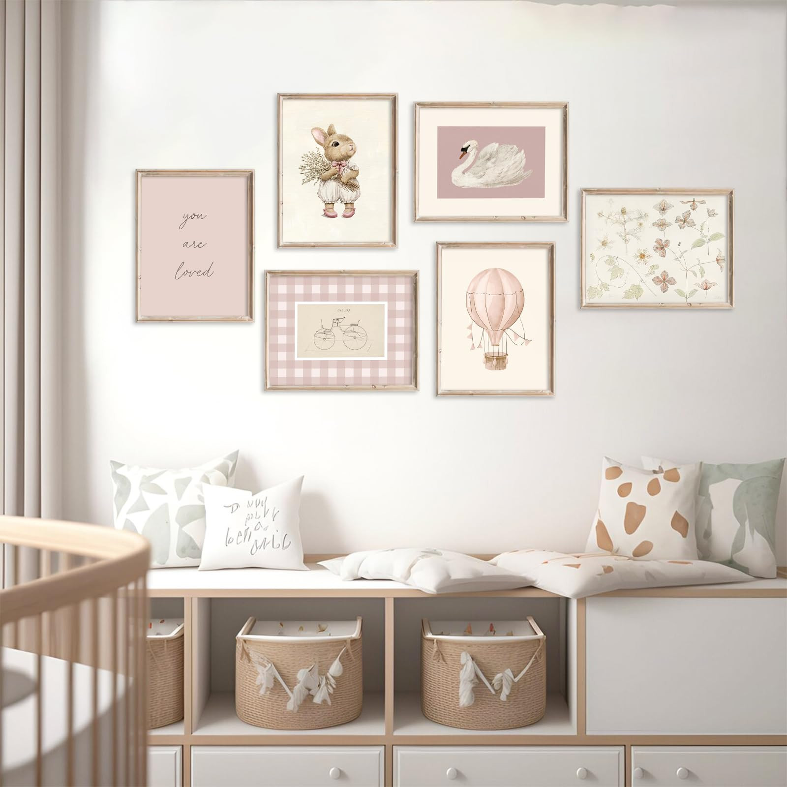 Pink Nursery Wall Art Baby Girl Canvas Wall Decor Vintage Poster Bunny Flower Wall Art Antique Pr... | Amazon (US)