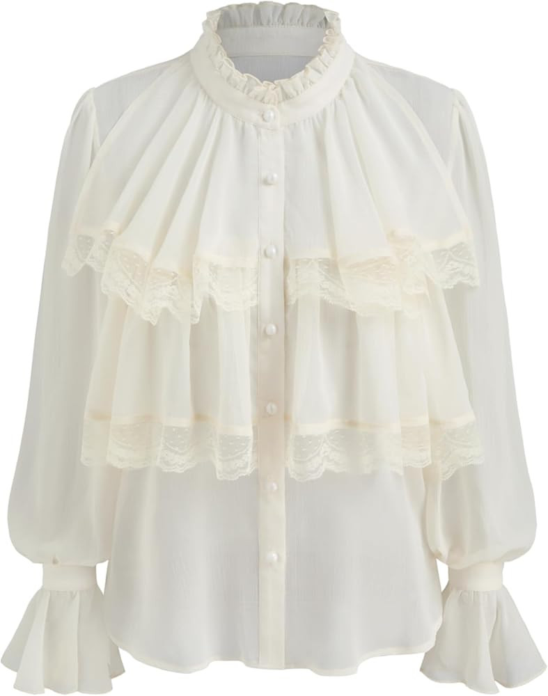 CIDER Chiffon High Neck Soild Lace Faux Pearl Long Sleeve Blouse | Amazon (US)