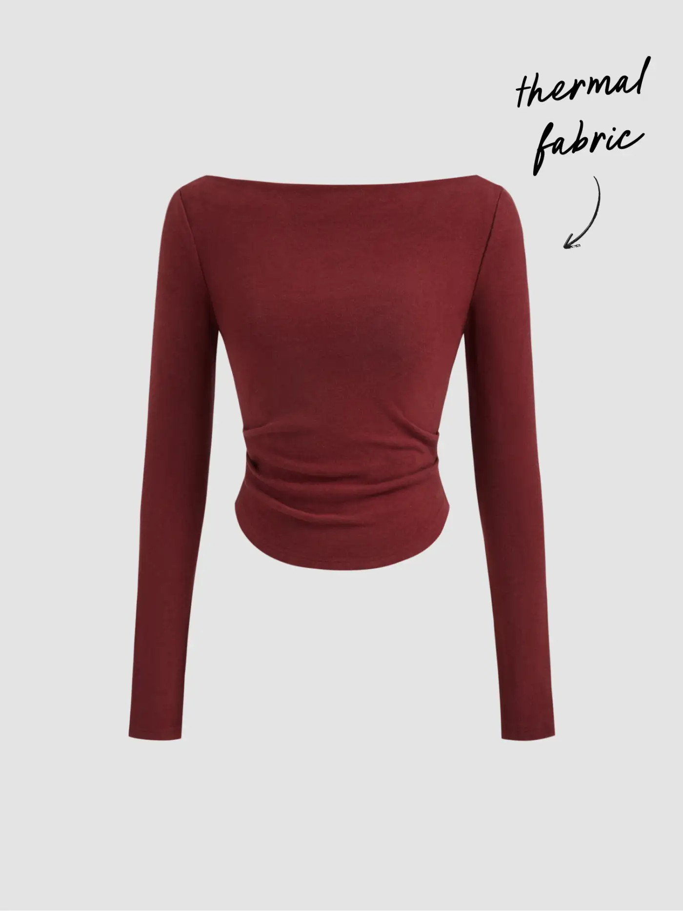 Thermal Cotton-blend Boat Neck Solid Ruched Long Sleeve Tee | Cider