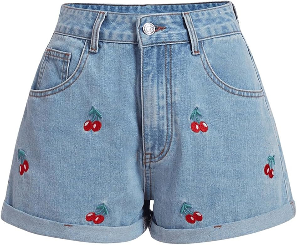 WDIRARA Women's Cherry Embroidery Denim High Waist Shorts Rolled Hem Shorts | Amazon (US)