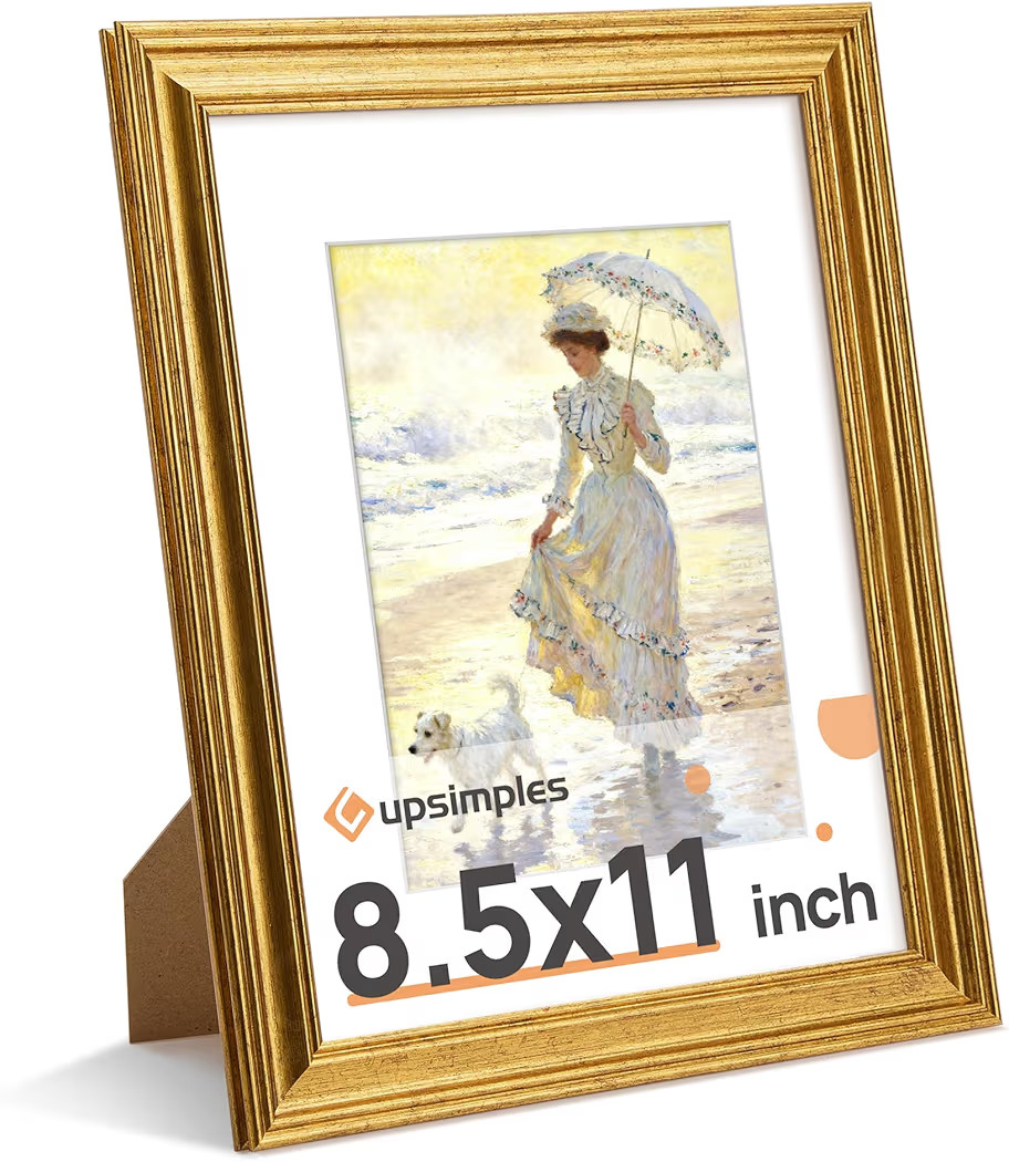 upsimples Vintage 8.5 by 11 Picture Frame, Antique Gold Frames Display 6x8 with Mat or 8.5 x 11 W... | Amazon (US)