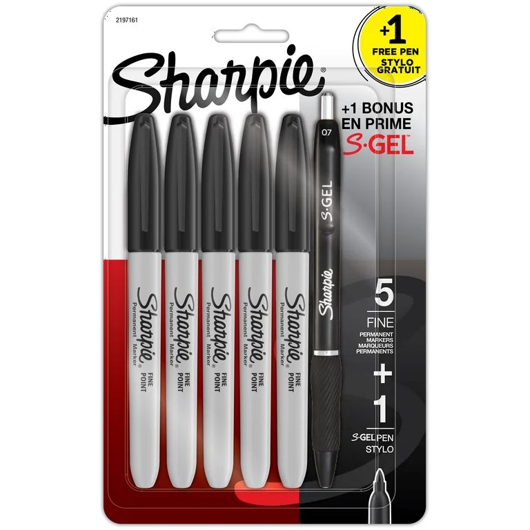 Sharpie Permanent Markers, Fine Point, Black, 5 Count, Includes 1 Bonus S-Gel Pen (0.7mm) | Walmart (US)