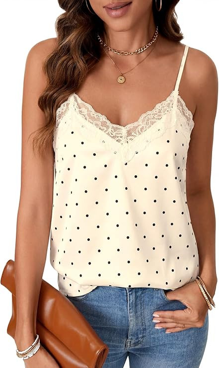 Vrtige Women's Satin Tank Summer Top Adjustable Spaghetti Lace Trim V Neck Strap Camisole | Amazon (US)