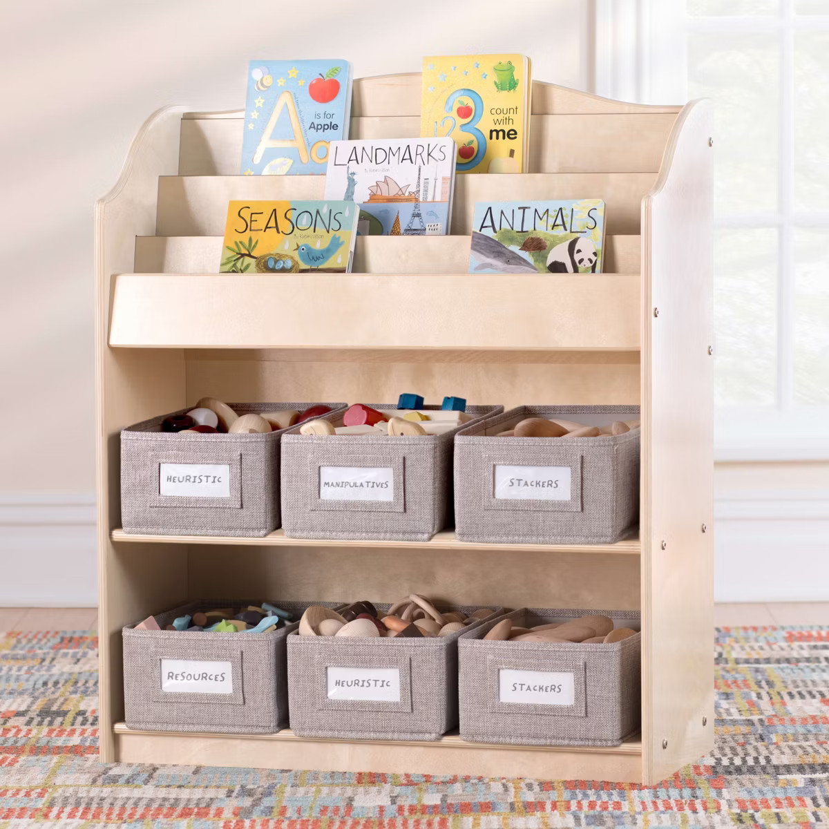 Guidecraft EdQ Book and Bin Browser: Wooden Bookcase with Tiered Shelves and Cubbies | Target